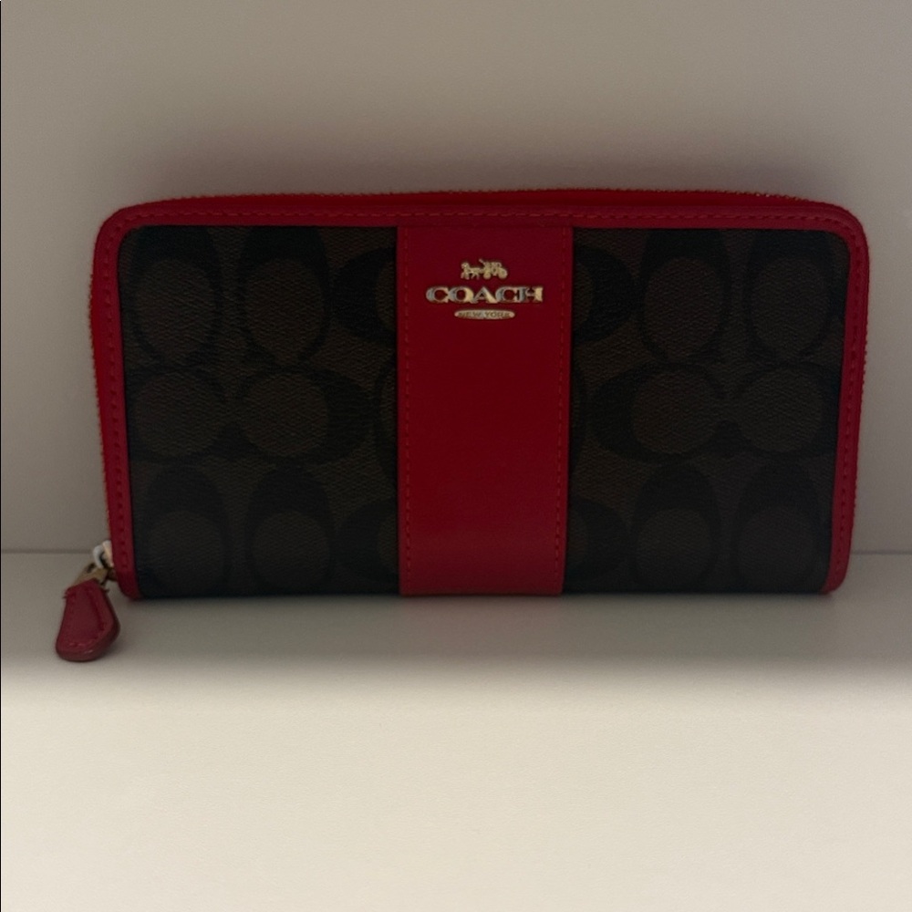 Coach Red and Brown Signature Long Wallet